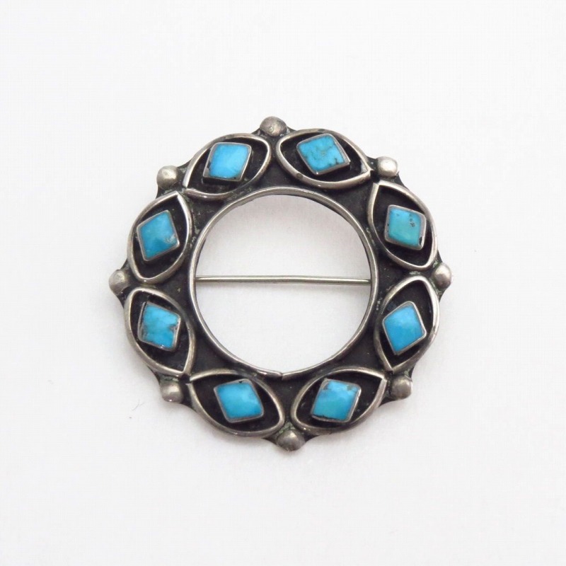 Vintage Zuni Wheel Shaped Pin w/Rhombus Turquoise  c.1955～