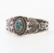 Atq Navajo T-bird Stamped Ingot Silver Cuff w/#8 TQ  c.1935～