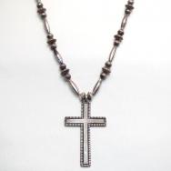 Vintage Handmade Beaded Necklace w/Heavy Silver Cross c.1950
