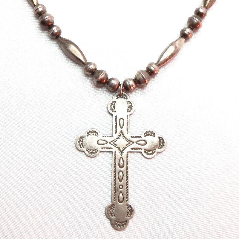 Antique Silver Bead Necklace w/【Bell】 Cross Fob  c.1940