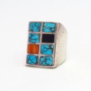 Vtg Zuni Multi-Stone Inlay Square Face Silver Ring  c.1975～