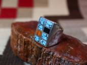 Vtg Zuni Multi-Stone Inlay Square Face Silver Ring  c.1975～
