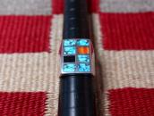 Vtg Zuni Multi-Stone Inlay Square Face Silver Ring  c.1975～