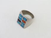 Vtg Zuni Multi-Stone Inlay Square Face Silver Ring  c.1975～