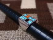 Vtg Zuni Multi-Stone Inlay Square Face Silver Ring  c.1975～