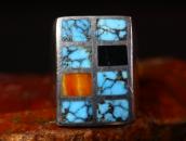 Vtg Zuni Multi-Stone Inlay Square Face Silver Ring  c.1975～
