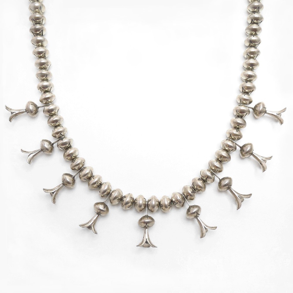 Vtg Navajo Stamped Bead w/Squash Blossom Necklace c.1960～