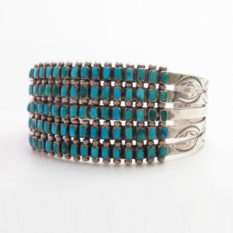Vintage Zuni 5 Row Rect. Gem Turquois Cuff in Silver c.1945～