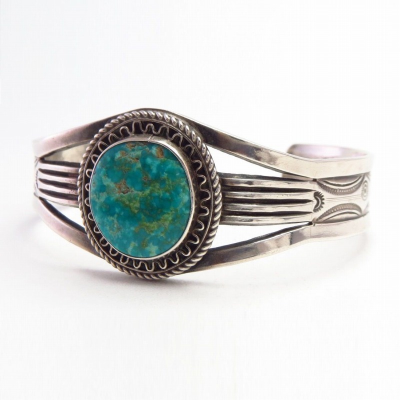 Atq Navajo or Pueblo GemTurquoise & Crimped Wire Cuff c1940～