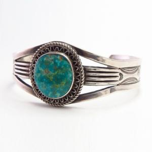 Atq Navajo or Pueblo GemTurquoise & Crimped Wire Cuff c1940～