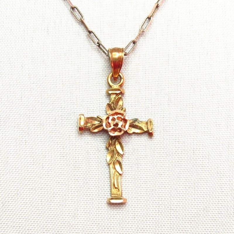 Vintage 14K Gold Rose & Cross Fob Necklace