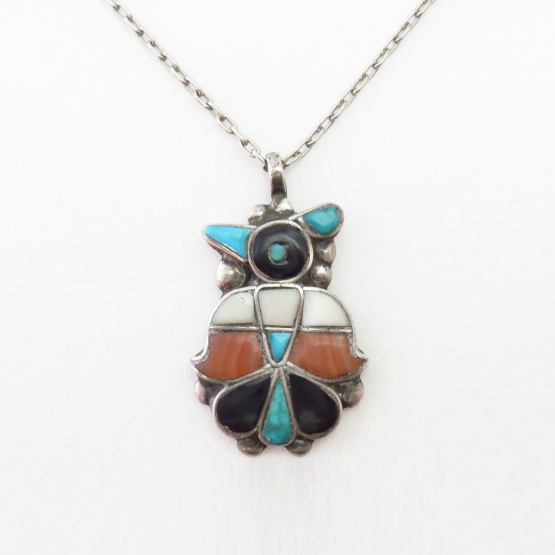 Vtg Zuni Multi-Stone Inlay Thunderbird Fob Necklace  c.1940～