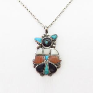 Vtg Zuni Multi-Stone Inlay Thunderbird Fob Necklace  c.1940～