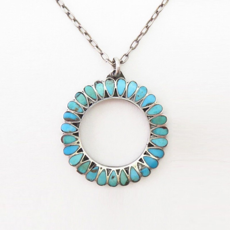 Vtg Zuni "Dishta Style" Inlay Circle Top Necklace  c.1950～