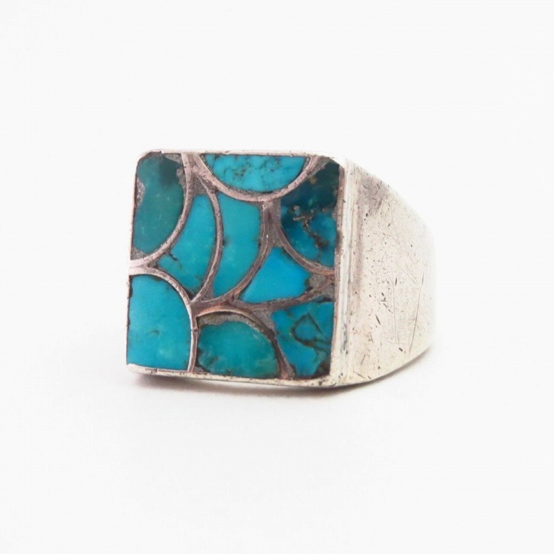 Vintage Zuni Turquoise Inlay Square Face Men's Ring  c.1950～