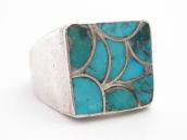 Vintage Zuni Turquoise Inlay Square Face Men's Ring  c.1950～