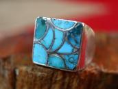 Vintage Zuni Turquoise Inlay Square Face Men's Ring  c.1950～