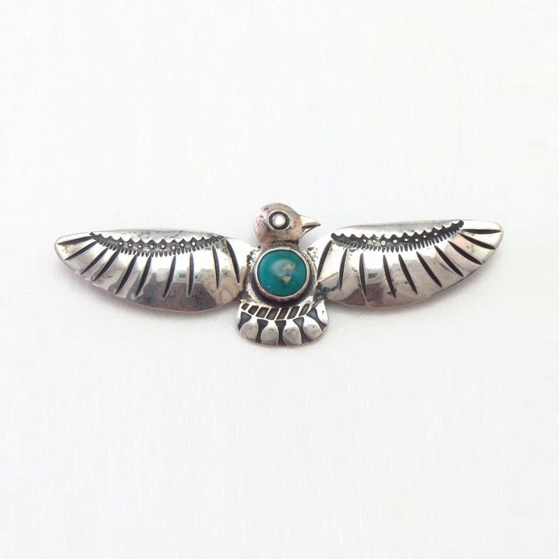 Atq Navajo T-bird Shaped Pin w/Gem Green Turquoise  c.1940～
