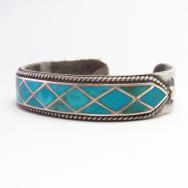 Antique Zuni Blue Gem Turquoise Inlay Silver Cuff  c.1940