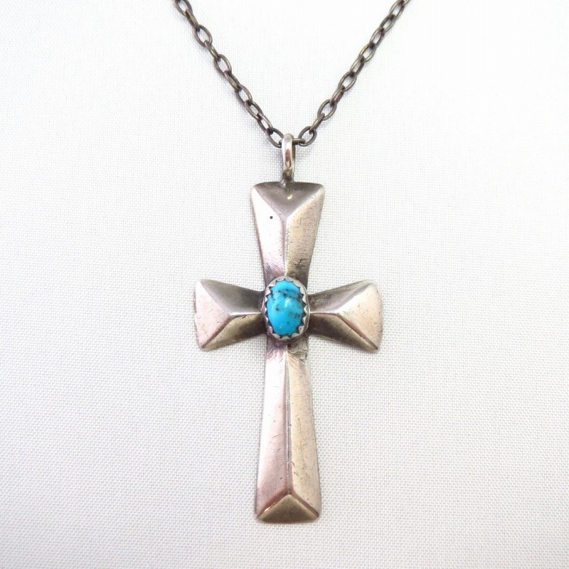 Vintage Navajo Casted Silver Cross Fob Necklace w/TQ c.1965～