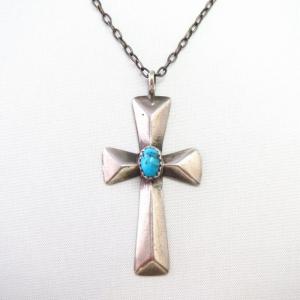 Vintage Navajo Casted Silver Cross Fob Necklace w/TQ c.1965～