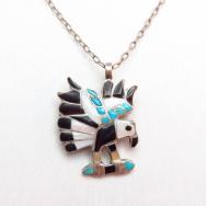 Vintage Zuni Channel Inlay Eagle Fob Necklace & Pin  c.1960～