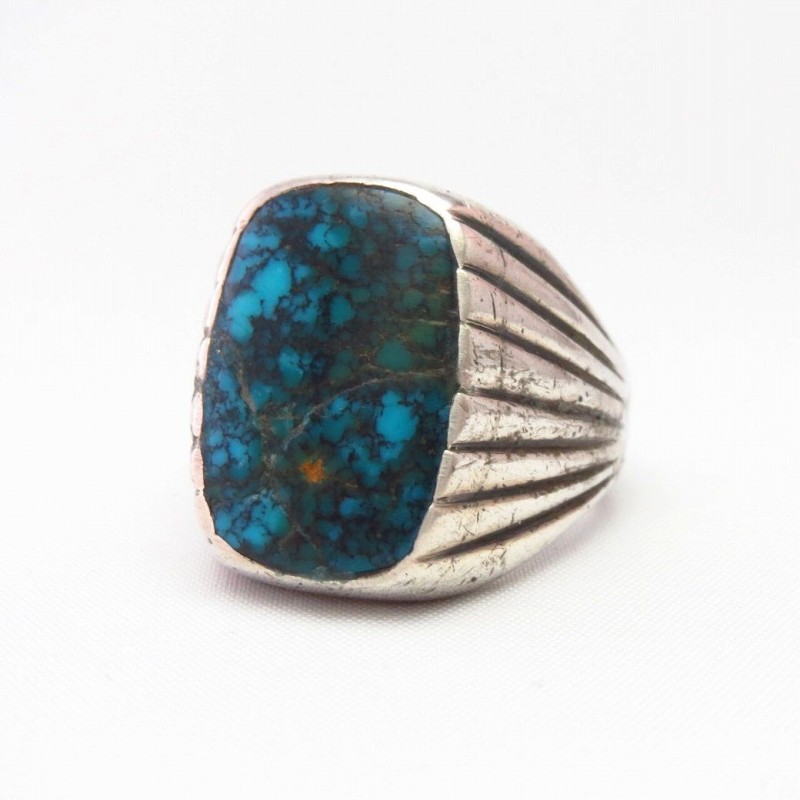 Vtg Cast Silver Men's Ring w/Spider Web Turquoise  c.1965～