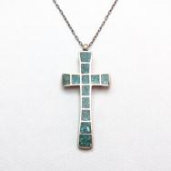 Vintage Zuni Chip Inlay Silver Cross Fob Necklace  c.1960～