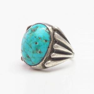 Atq Navajo CastSilver Men's Ring w/Hi-Dome Turquoise c.1930～