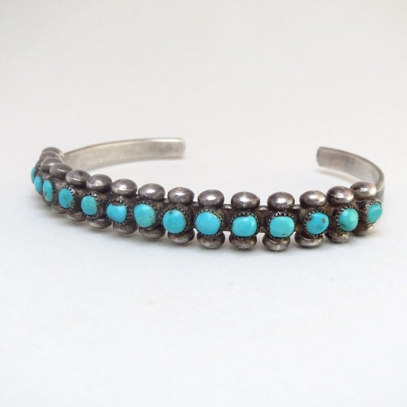 Vtg Zuni Turquoise & Silver Drops Row Cuff Bracelet  c.1940～