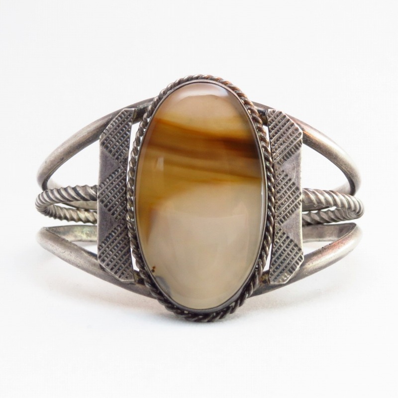 Vintage Silver Wire Cuff Bracelet w/Picture Agate  c.1940～