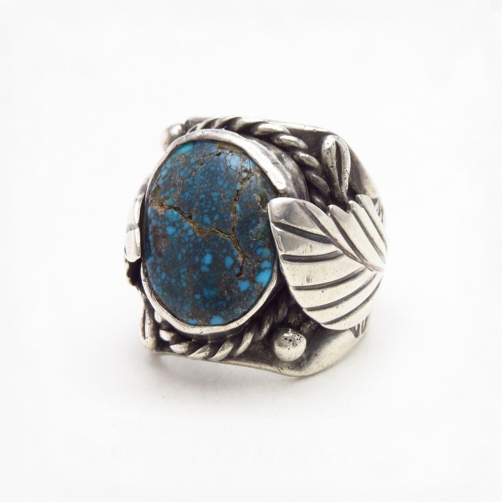 Old Navajo Gem LoneMt. Turquoise & Leaf Applique Ring c.1970