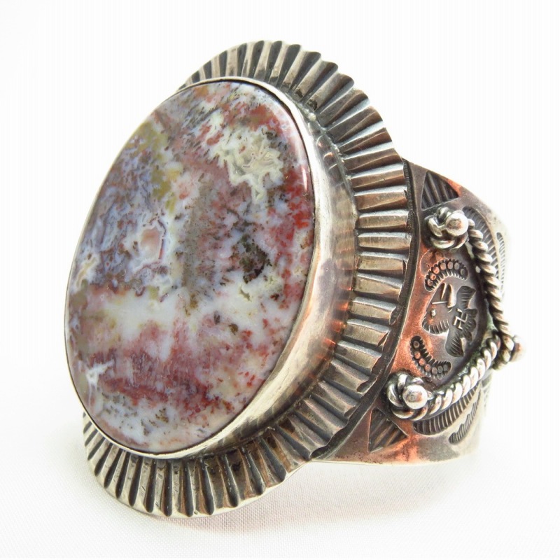 Antique 卍 Stamped Wide Cuff Bracelet w/PetrifiedWood c.1920～
