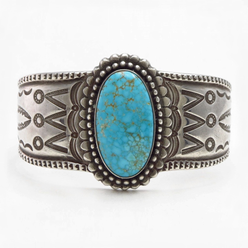 Vtg Navajo Stamped Heavy Silver Cuff w/Gem Turquoise  c.1950