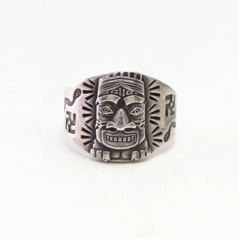 Antique Tiki Applique 卍 Stamped Hawaiian Tourist Ring c.1930