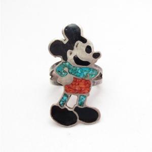 OLDPAWN Zuni Chip Inlay Mickey Silver Ring  c.1980