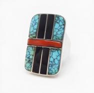 Vintage Zuni No.8 Turquoise/Onyx/Coral Inlay Ring c.1950～