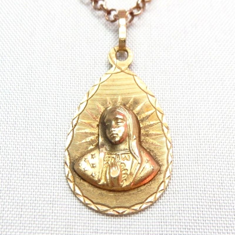 Vintage 10K Gold Our Lady of Gudalupe Fob Necklace