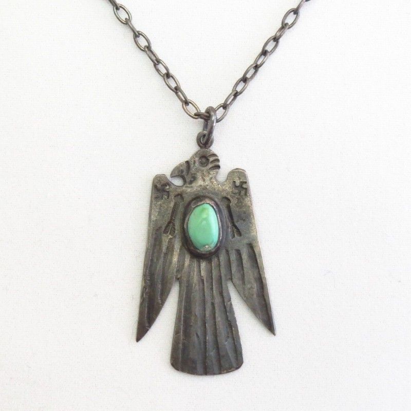 Antique 卍 Stamped Thunderbird Shape Fob Necklace w/TQ c.1930