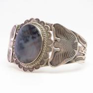 Antique Navajo T-bird Stamped Cuff w/PetrifiedWood  c.1940～