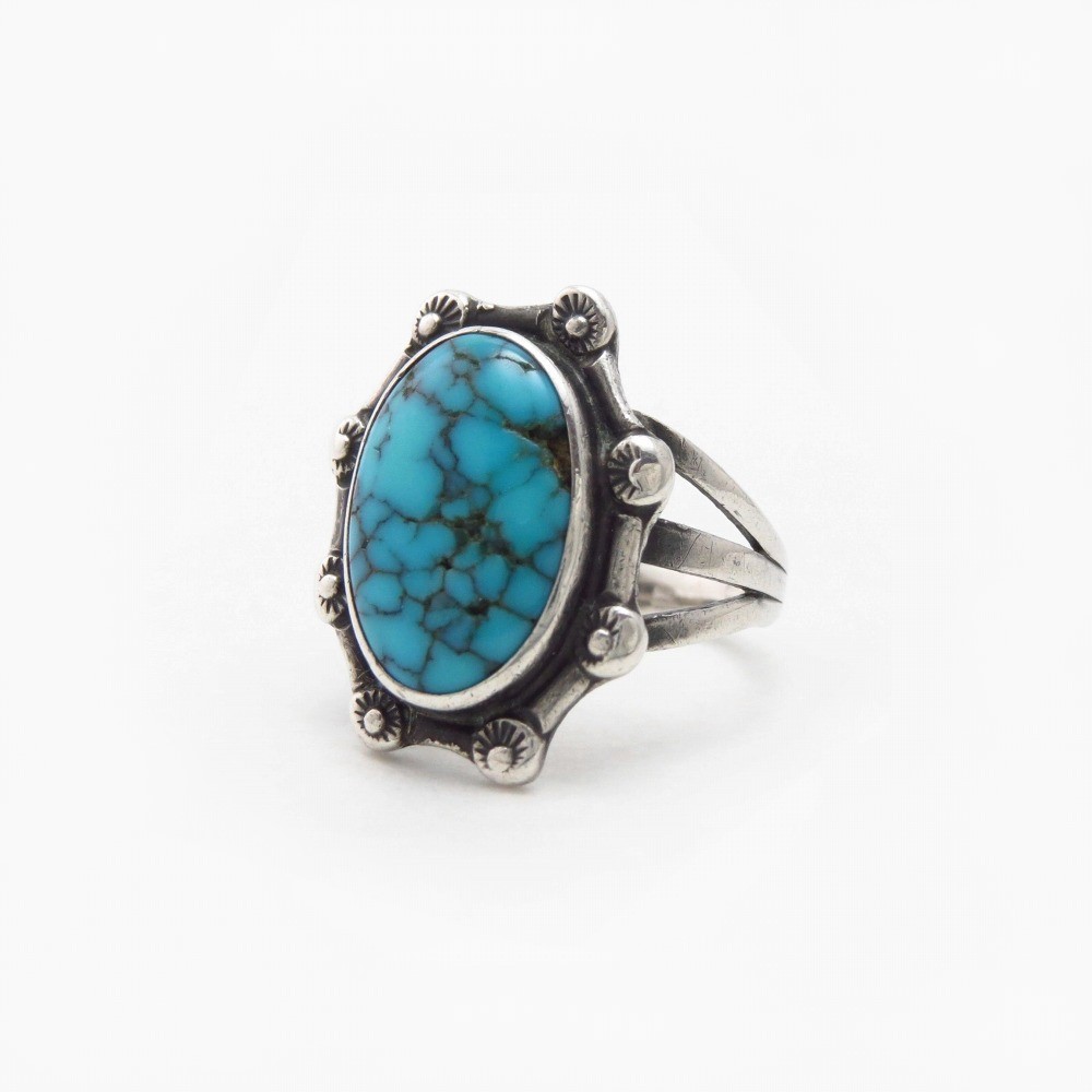 Atq Navajo SplitShank Silver Ring w/Godber Turquoise c.1940～
