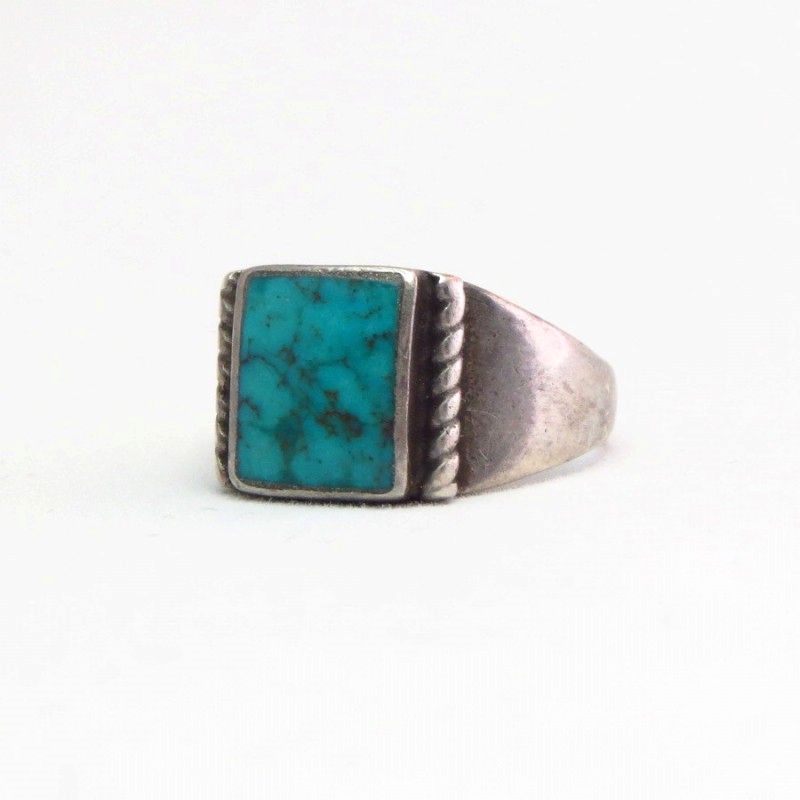 Vintage Navajo Square Turquoise Inlay Silver Ring  c.1950～