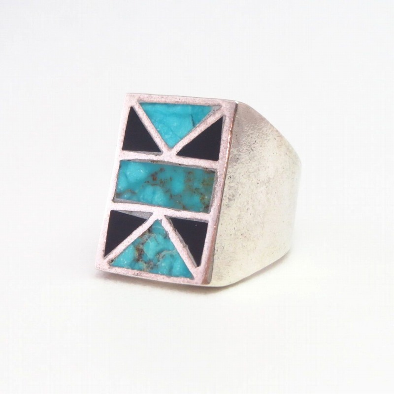 Vintage Zuni Turquoise & Onyx Inlay Seal Ring  c.1960～