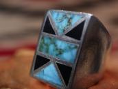 Vintage Zuni Turquoise & Onyx Inlay Seal Ring  c.1960～