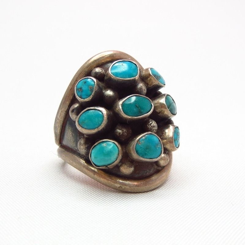 Vintage Silver with 9 Turquoise Ring  c.1970