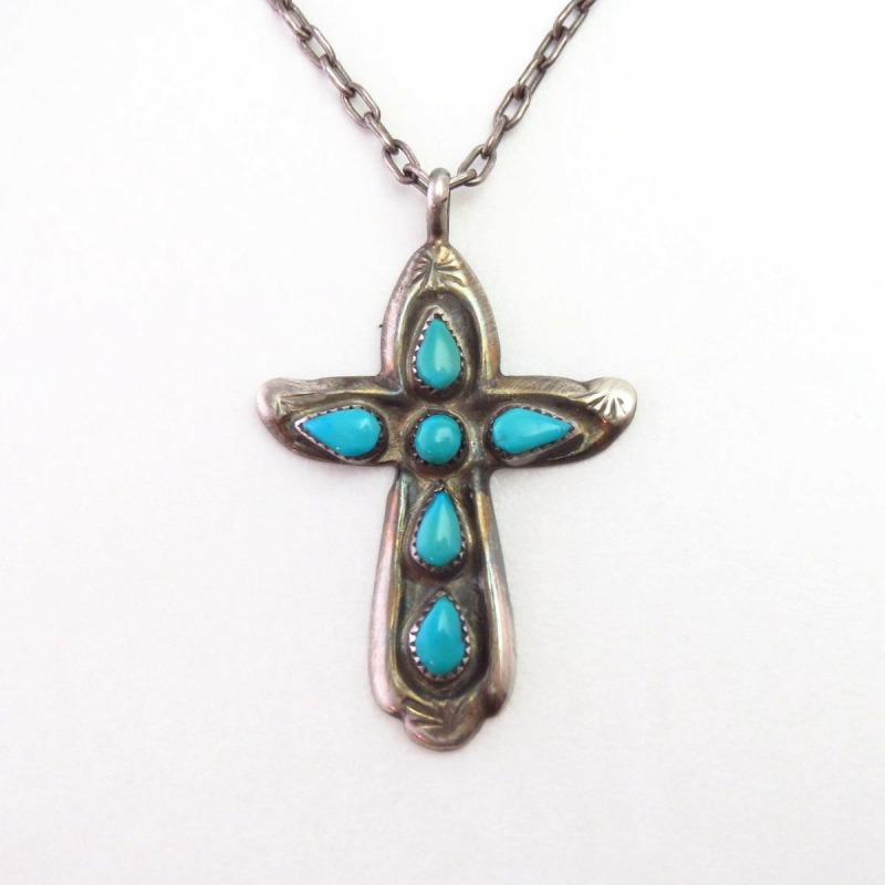 【Horace Iule】Zuni Vtg Small Cross Fob Necklace w/TQ  c.1945～