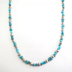 Vtg Single Strand Turquoise & Silver Bead Necklace  c.1970～