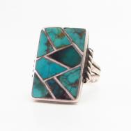 Vtg Zuni Turquoise Inlay Rectangular Face Men's Ring  c.1950