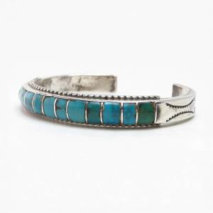 Vtg Zuni Turquoise Inlay Domed Shape Cuff in Silver c.1950～