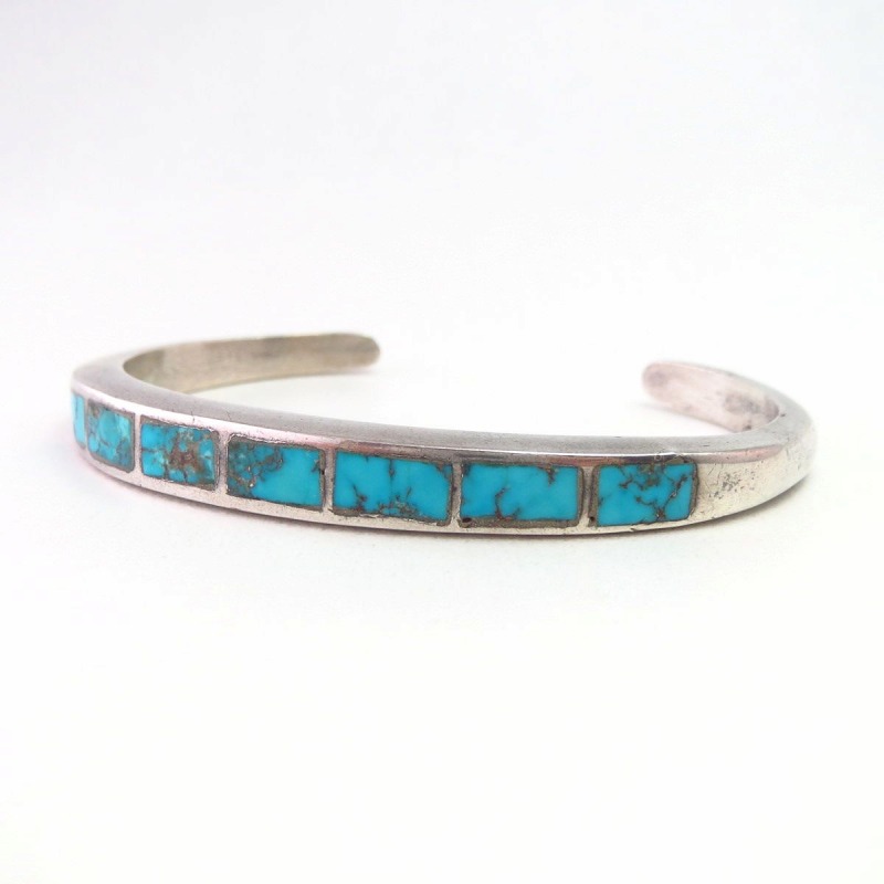 Vintage Zuni Gem Turquoise Inlay Narrow Cuff Bracelet c.1960
